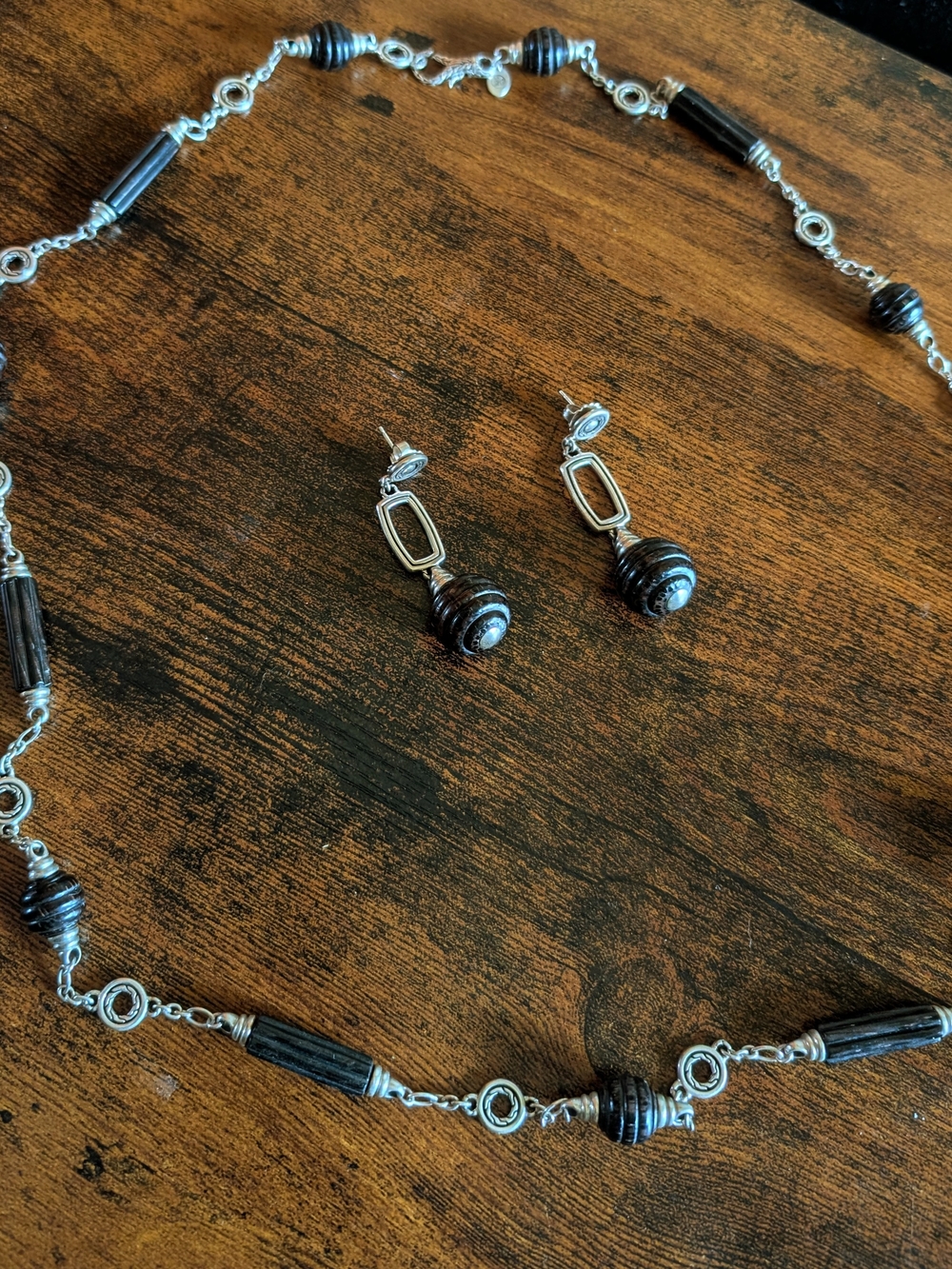 Silver and Dark Brown Beaded Necklace & Earrings Set